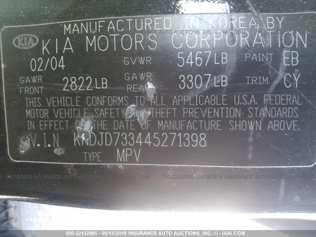 KNDJD733445271398 - 2004 KIA SORENTO EX/LX BLACK photo 9