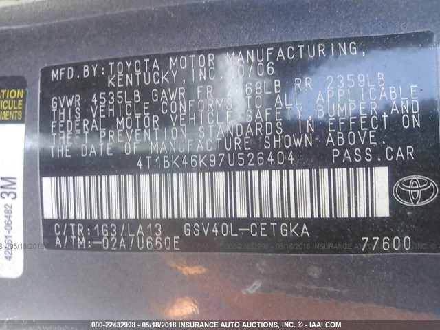 4T1BK46K97U526404 - 2007 TOYOTA CAMRY NEW GENERAT LE/XLE/SE Navy photo 9