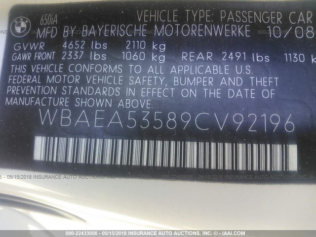 WBAEA53589CV92196 - 2009 BMW 650 I WHITE photo 9