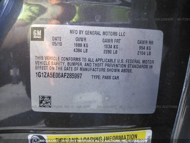 1G1ZA5E06AF285997 - 2010 CHEVROLET MALIBU LS 灰色 照片 9