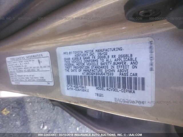 4T1BE32K93U647533 - 2003 TOYOTA CAMRY LE/XLE/SE ოქროსფერი ფოტო 9