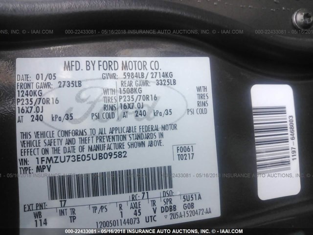 1FMZU73E05UB09582 - 2005 FORD EXPLORER XLT/XLT SPORT/NBX 灰色 照片 9