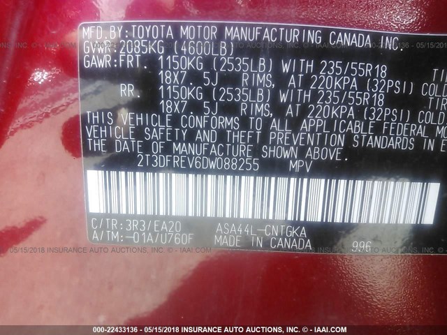 2T3DFREV6DW088255 - 2013 TOYOTA RAV4 LIMITED Qırmızı foto 9