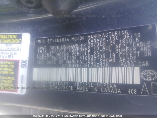 2T1BURHE3GC740126 - 2016 TOYOTA COROLLA L/LE/LE PLS/PRM/S/S PLS Mavi foto 9