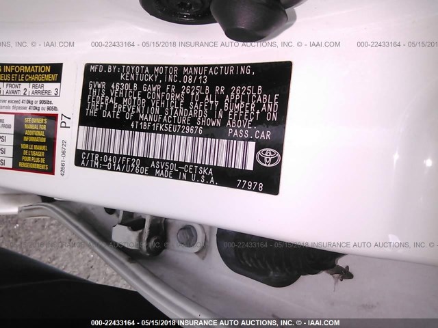 4T1BF1FK5EU729676 - 2014 TOYOTA CAMRY L/SE/LE/XLE 白色 照片 9