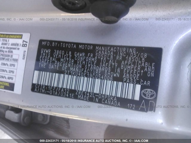 2T1KU40E19C054006 - 2009 TOYOTA COROLLA MATRIX  SILVER photo 9