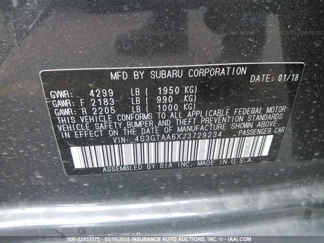 4S3GTAA6XJ3729234 - 2018 SUBARU IMPREZA GRAY photo 9