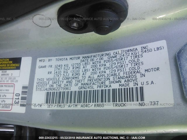 5TELU42N96Z279961 - 2006 TOYOTA TACOMA DOUBLE CAB ვერცხლისფერი ფოტო 9