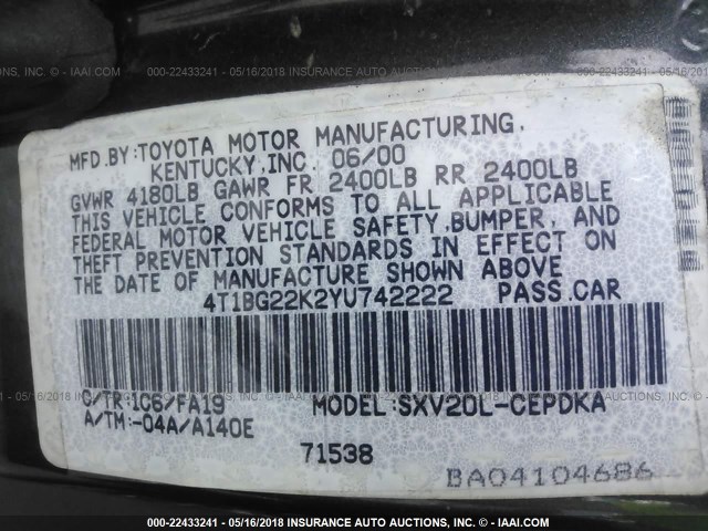 4T1BG22K2YU742222 - 2000 TOYOTA CAMRY CE/LE/XLE 灰色 照片 9