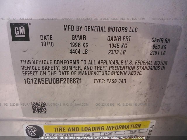 1G1ZA5EU0BF208871 - 2011 CHEVROLET MALIBU LS SILVER photo 9