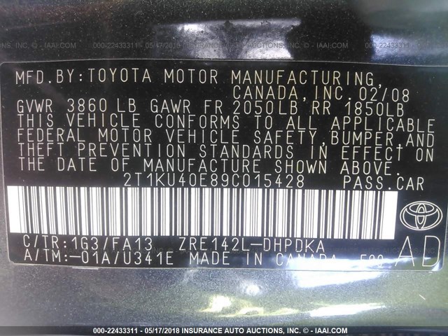2T1KU40E89C015428 - 2009 TOYOTA COROLLA MATRIX  GRAY photo 9