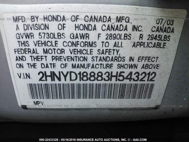 2HNYD18883H543212 - 2003 ACURA MDX TOURING SILVER photo 9