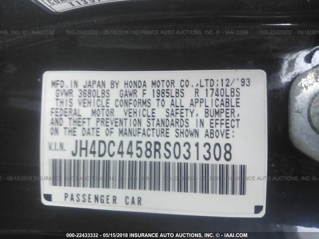 JH4DC4458RS031308 - 1994 ACURA INTEGRA LS BLACK photo 9