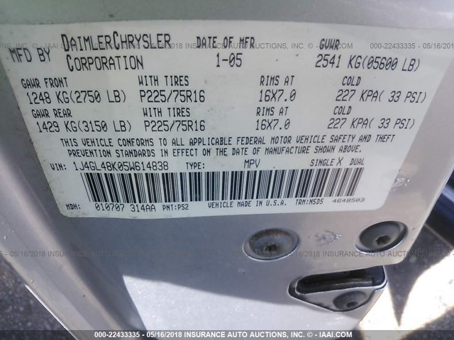 1J4GL48K05W614838 - 2005 JEEP LIBERTY SPORT 银色 照片 9