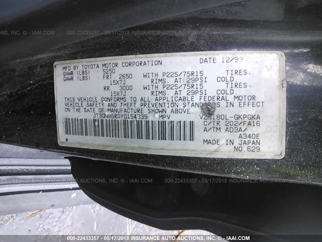 JT3GN86R0Y0154339 - 2000 TOYOTA 4RUNNER SR5 BLACK photo 9