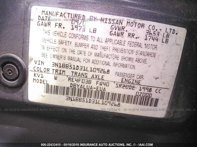 3N1BB51D31L109268 - 2001 NISSAN SENTRA SE GRAY photo 9