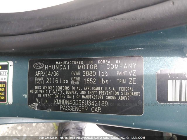 KMHDN46D96U342189 - 2006 HYUNDAI ELANTRA GLS/GT/LIMITED BLUE photo 9