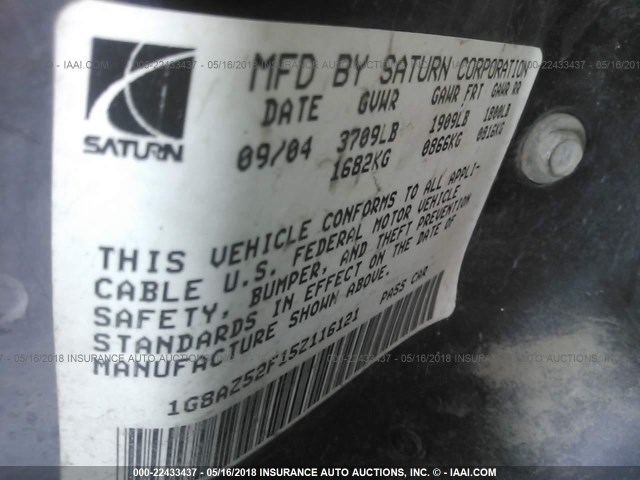 1G8AZ52F15Z116121 - 2005 SATURN ION LEVEL 2 Ağ foto 9