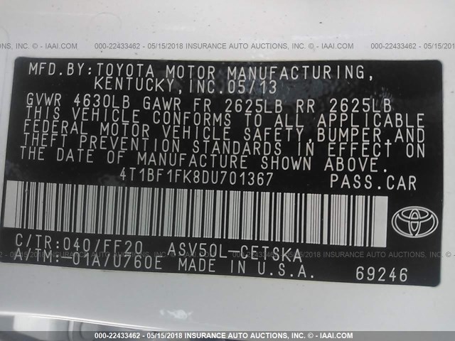 4T1BF1FK8DU701367 - 2013 TOYOTA CAMRY L/SE/LE/XLE 白色 照片 9