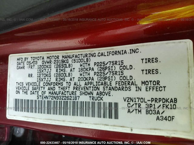 5TEHN72N93Z262187 - 2003 TOYOTA TACOMA DOUBLE CAB წითელი ფოტო 9