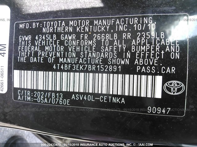 4T4BF3EK7BR152891 - 2011 TOYOTA CAMRY SE/LE/XLE BLACK photo 9