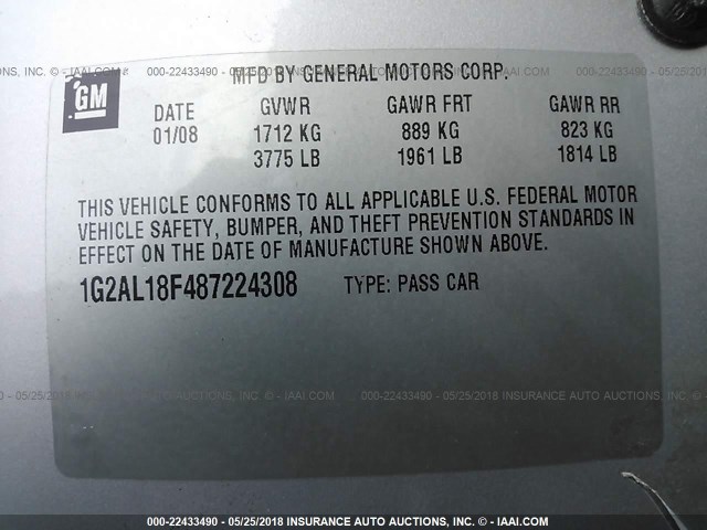 1G2AL18F487224308 - 2008 PONTIAC G5 SILVER photo 9