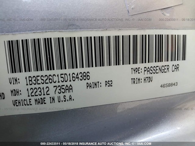 1B3ES26C15D164386 - 2005 DODGE NEON SE SILVER photo 9