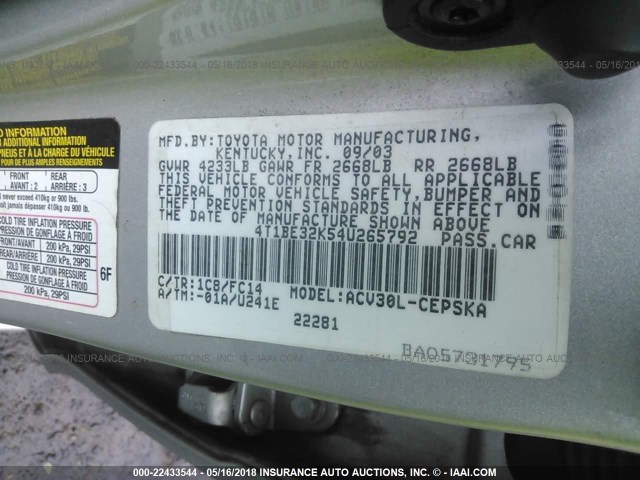 4T1BE32K54U265792 - 2004 TOYOTA CAMRY LE/XLE/SE ვერცხლისფერი ფოტო 9