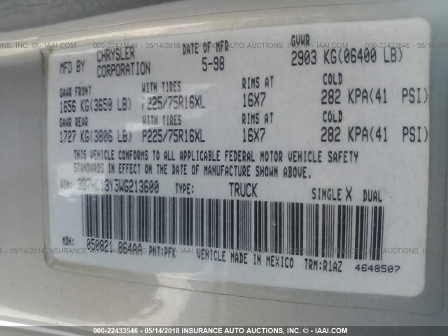 3B7HC13Y5WG213600 - 1998 DODGE RAM 1500 SILVER photo 9