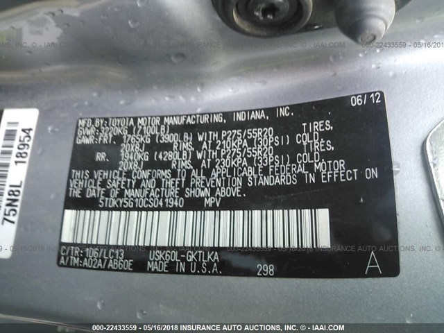 5TDKY5G10CS041940 - 2012 TOYOTA SEQUOIA LIMITED SILVER photo 9