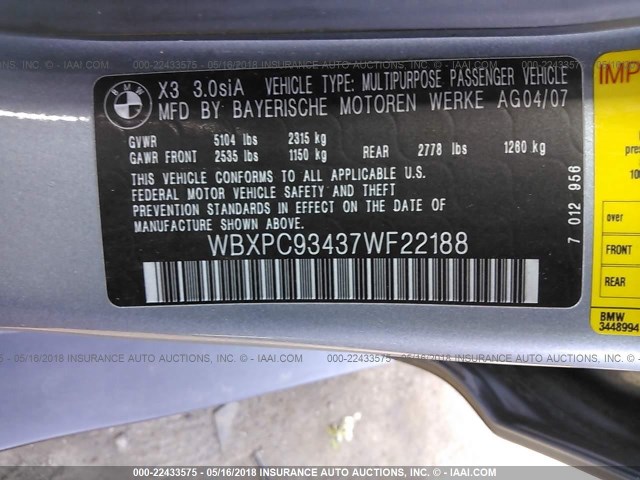 WBXPC93437WF22188 - 2007 BMW X3 3.0SI SILVER photo 9