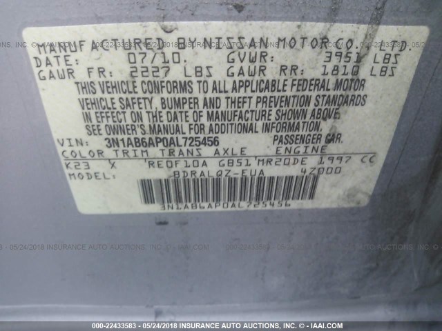 3N1AB6AP0AL725456 - 2010 NISSAN SENTRA 2.0/2.0S/SR/2.0SL SILVER photo 9