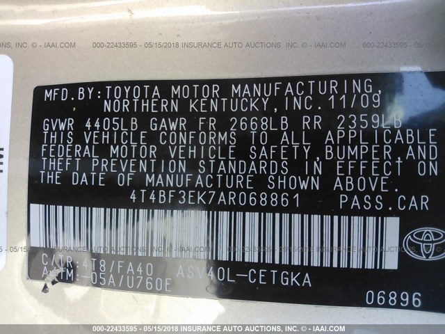 4T4BF3EK7AR068861 - 2010 TOYOTA CAMRY SE/LE/XLE 金色 照片 9