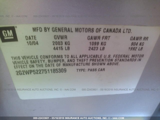 2G2WP522751185309 - 2005 PONTIAC GRAND PRIX SILVER photo 9