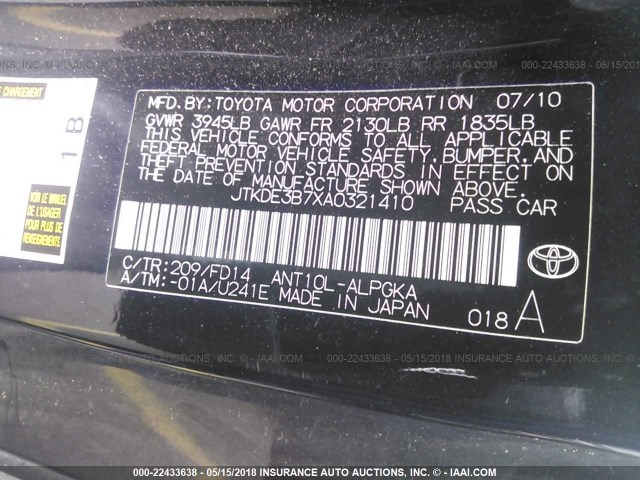 JTKDE3B7XA0321410 - 2010 TOYOTA SCION TC BLACK photo 9