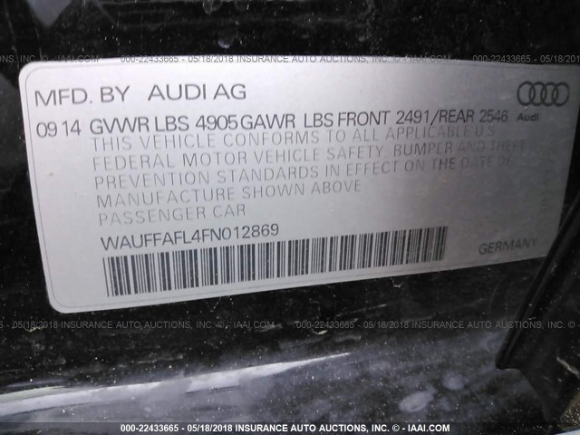 WAUFFAFL4FN012869 - 2015 AUDI A4 PREMIUM PLUS BLACK photo 9