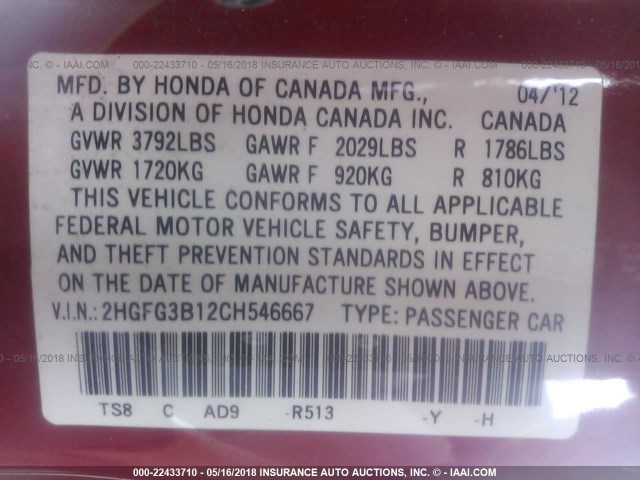 2HGFG3B12CH546667 - 2012 HONDA CIVIC EXL RED photo 9