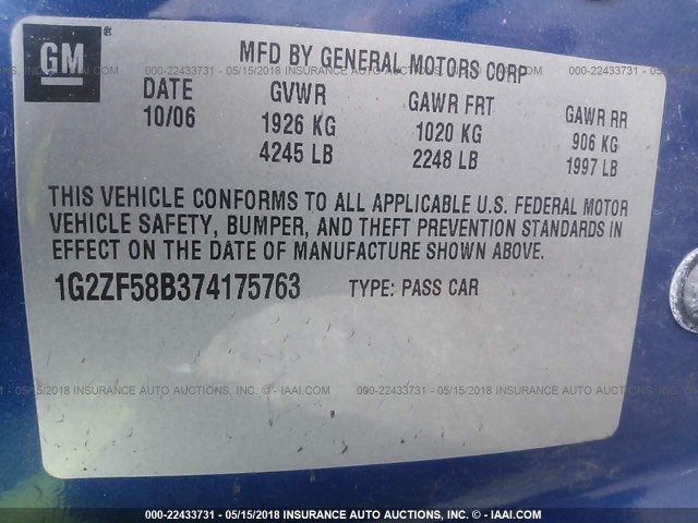 1G2ZF58B374175763 - 2007 PONTIAC G6 VALUE LEADER/BASE BLUE photo 9