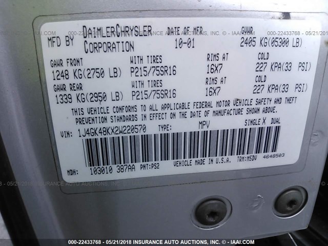 1J4GK48KX2W220570 - 2002 JEEP LIBERTY SPORT 银色 照片 9