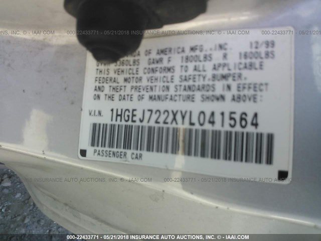 1HGEJ722XYL041564 - 2000 HONDA CIVIC HX SILVER photo 9