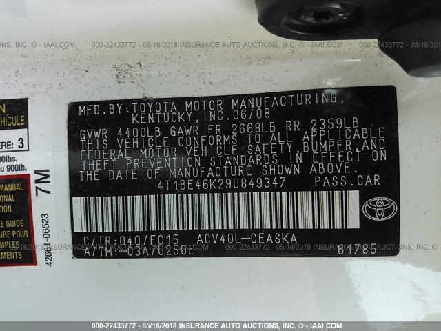 4T1BE46K29U849347 - 2009 TOYOTA CAMRY SE/LE/XLE WHITE photo 9
