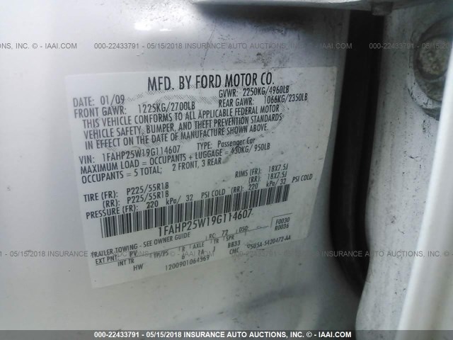 1FAHP25W19G114607 - 2009 FORD TAURUS LIMITED WHITE photo 9