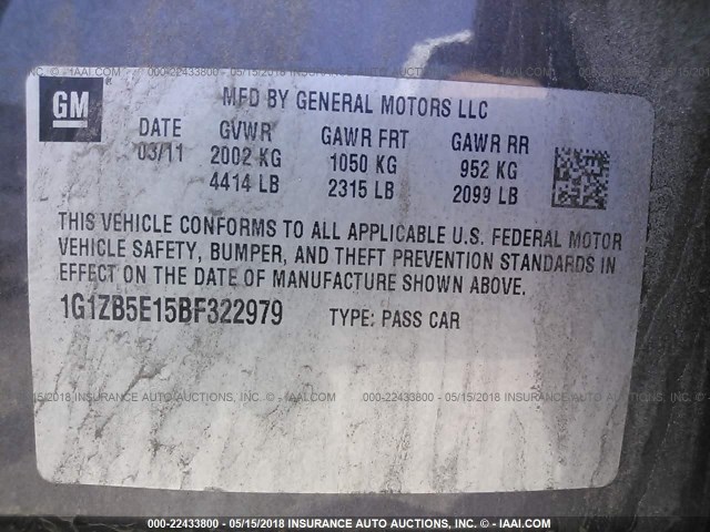 1G1ZB5E15BF322979 - 2011 CHEVROLET MALIBU LS 灰色 照片 9