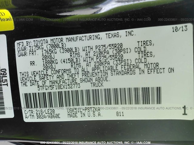 5TFGY5F18EX152773 - 2014 TOYOTA TUNDRA CREWMAX PLATINUM 黑色 照片 9