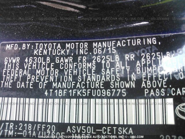 4T1BF1FK5FU096775 - 2015 TOYOTA CAMRY LE/XLE/SE/XSE შავი ფოტო 9
