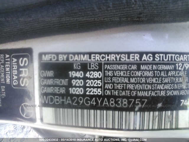 WDBHA29G4YA838757 - 2000 MERCEDES-BENZ C 280 SILVER photo 9