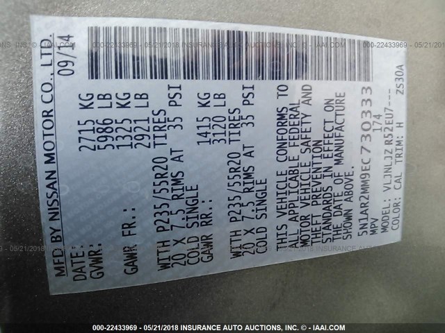 5N1AR2MM9EC730333 - 2014 NISSAN PATHFINDER S/SV/SL/PLATINUM 灰色 照片 9