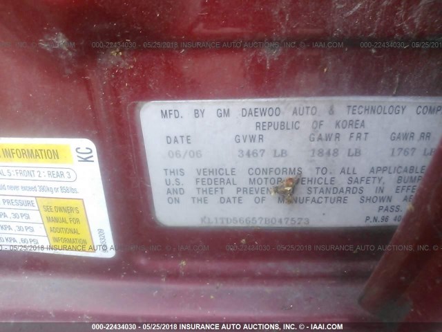 KL1TD56657B047573 - 2007 CHEVROLET AVEO LS RED photo 9
