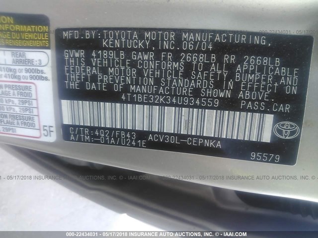 4T1BE32K34U934559 - 2004 TOYOTA CAMRY LE/XLE/SE ოქროსფერი ფოტო 9