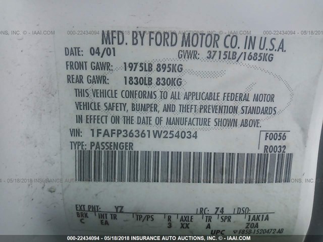 1FAFP36361W254034 - 2001 FORD FOCUS SE/SE COMFORT WHITE photo 9